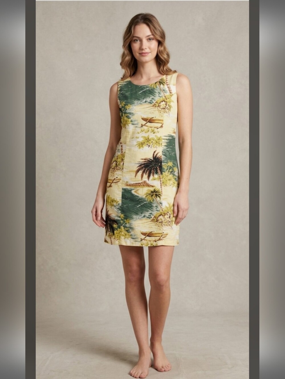 Vintage Kona Malia Green/Yellow Tropical Hawaiian Mini Dress Women's Size Medium